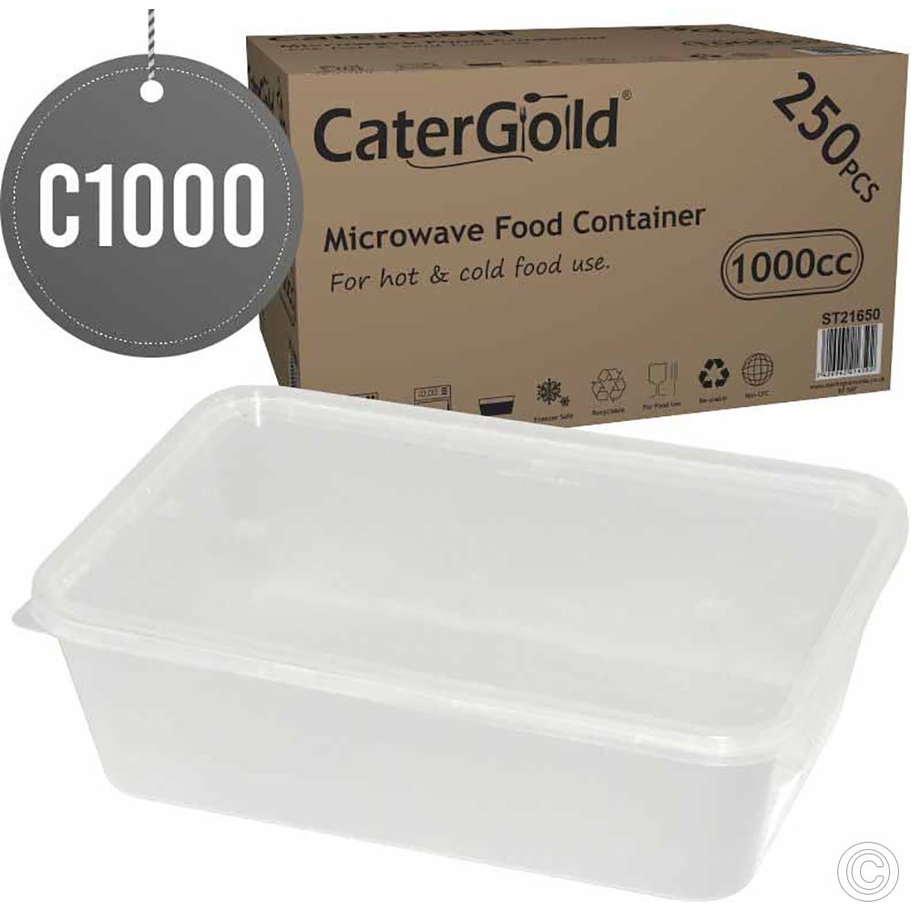Microwavable Food Takeaway Container and Lids Rectangle Heavy Duty Clear 1000ml 250 Pack