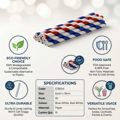 Compostable Paper Straws 6MM x 190MM 50 Pack