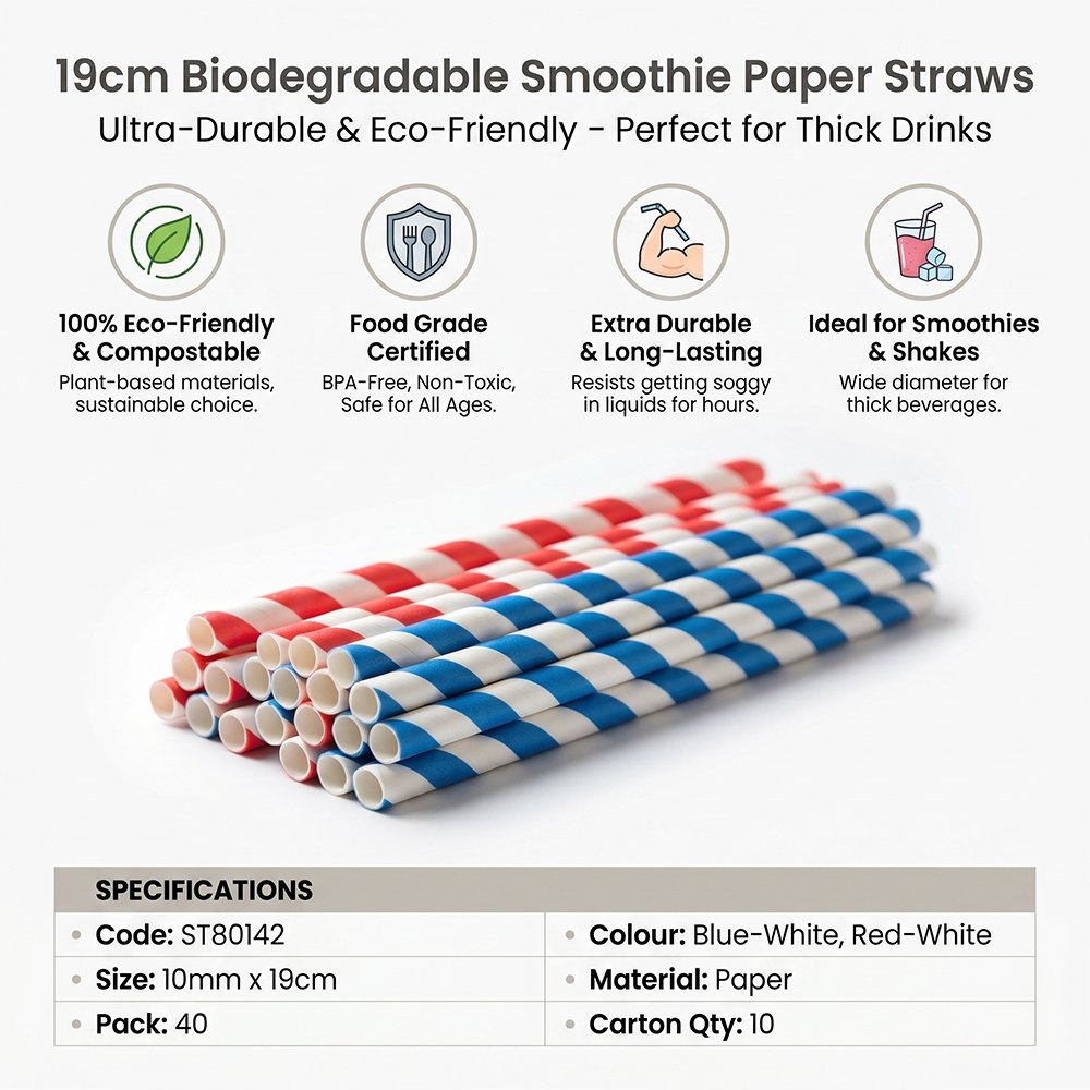 Jumbo Smoothie Paper Straws 10MM x 190MM 40 Pack