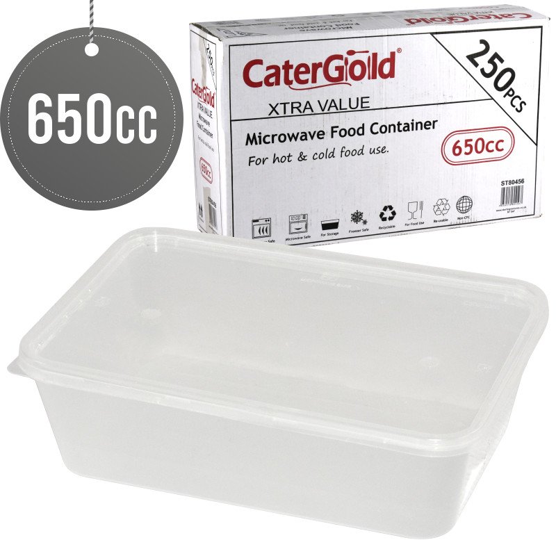 Microwavable Food Takeaway Container and Lids Rectangle Heavy Duty Clear 650ml 250 Pack
