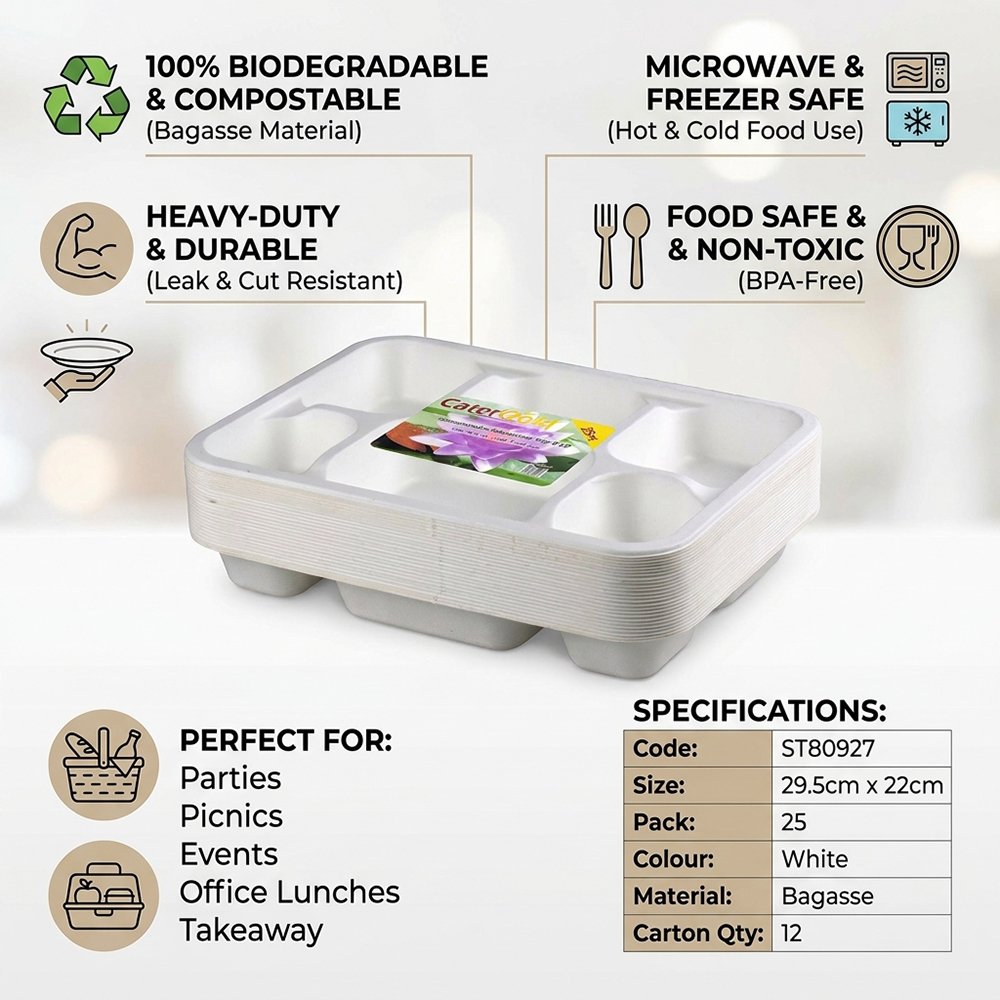 Compostable Bagasse 6CP Tray 25 Pack