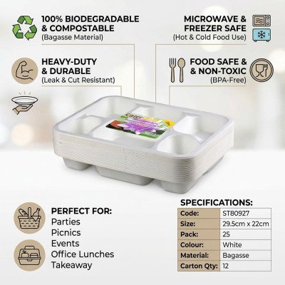 Compostable Bagasse 6CP Tray 25 Pack