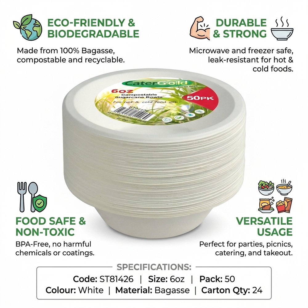 Compostable Bagasse Bowl 6oz 50 Pack