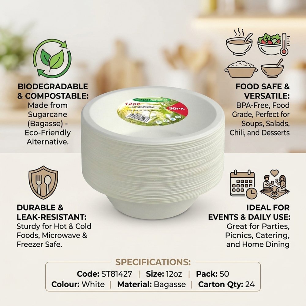 Compostable Bagasse Bowl 12oz 50 Pack