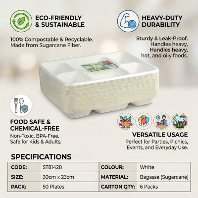 Compostable Bagasse 6 Compartment Plate 50 Pack