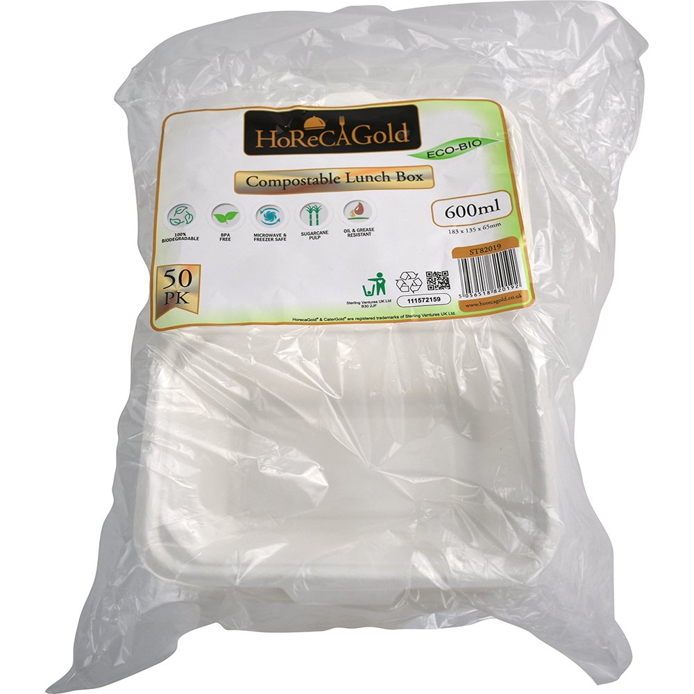 Compostable Bagasse Clamshell Lunch Box 600ml 7.5