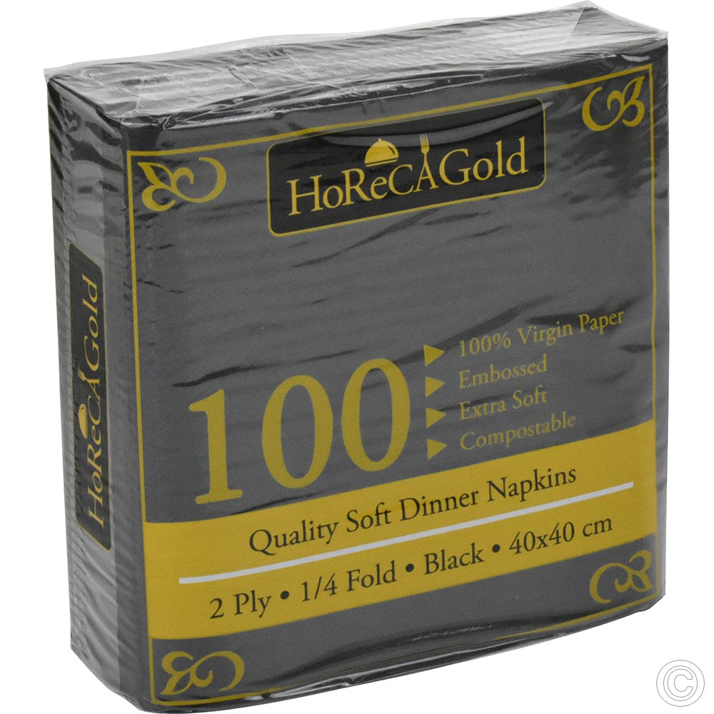 Dinner Napkins 2 Ply 40x40cm Black 1/4 Fold 100 Pack