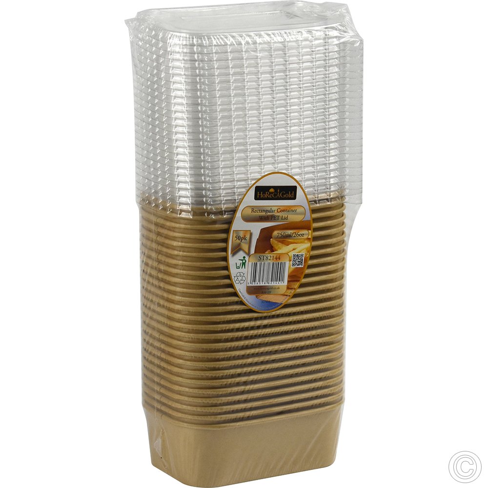 Recyclable Microwavable Kraft Food Container With PET Lid Rectangle 750ml (26oz) 25 Pack