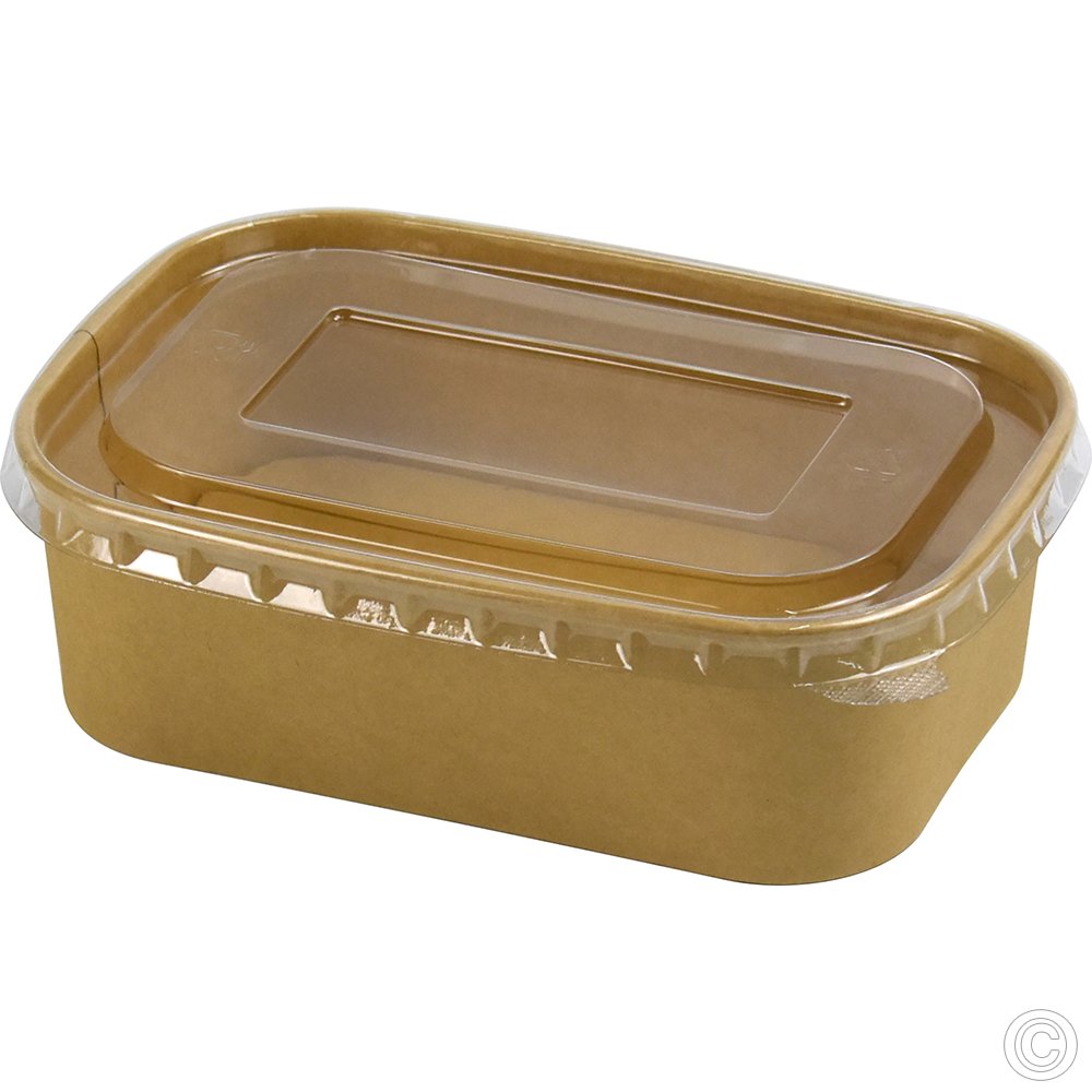 Recyclable Microwavable Kraft Food Container With PET Lid Rectangle 650ml (23oz) 25 Pack