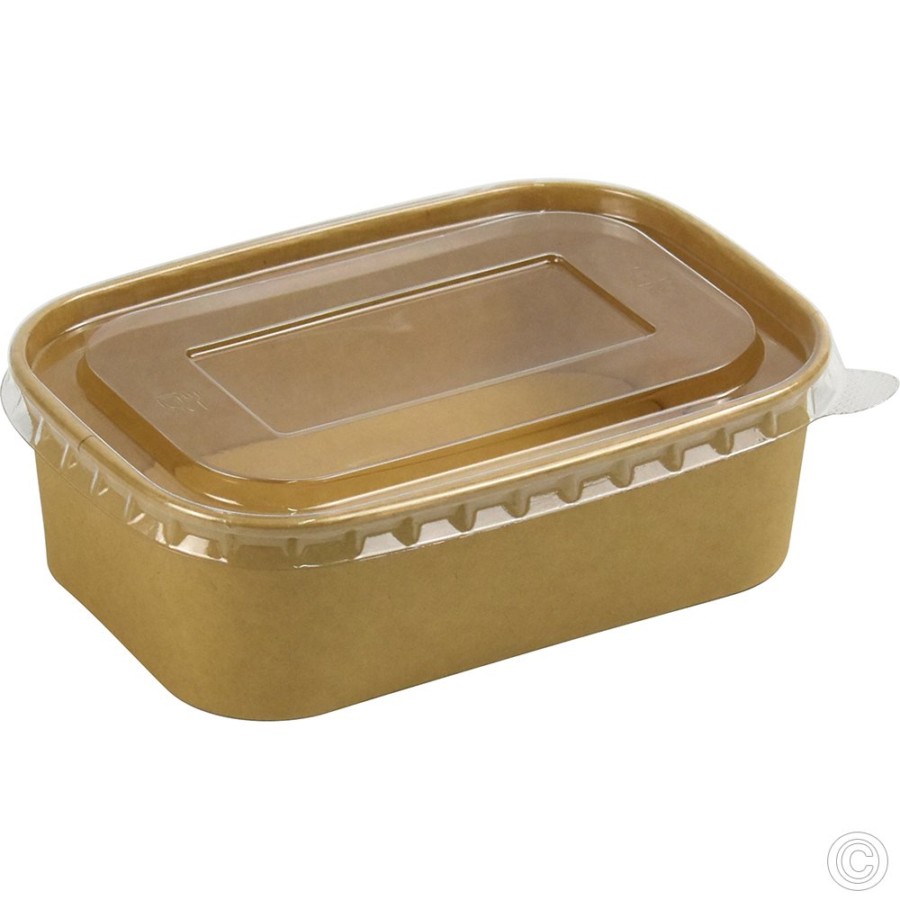 Recyclable Microwavable Kraft Food Container With PET Lid Rectangle 650ml (23oz) 25 Pack