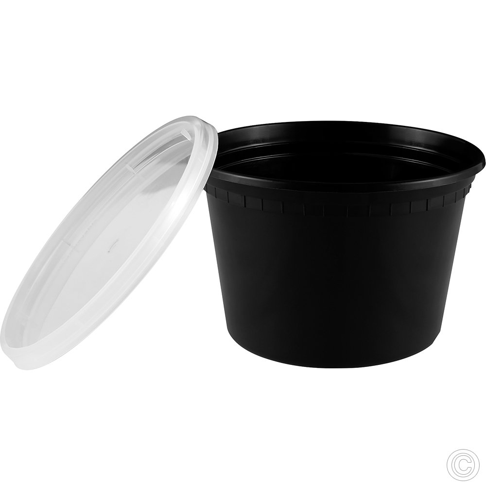 Microwavable Food Takeaway Container and Lids Round Heavy Duty Black Base 900ml 32oz 150 Pack