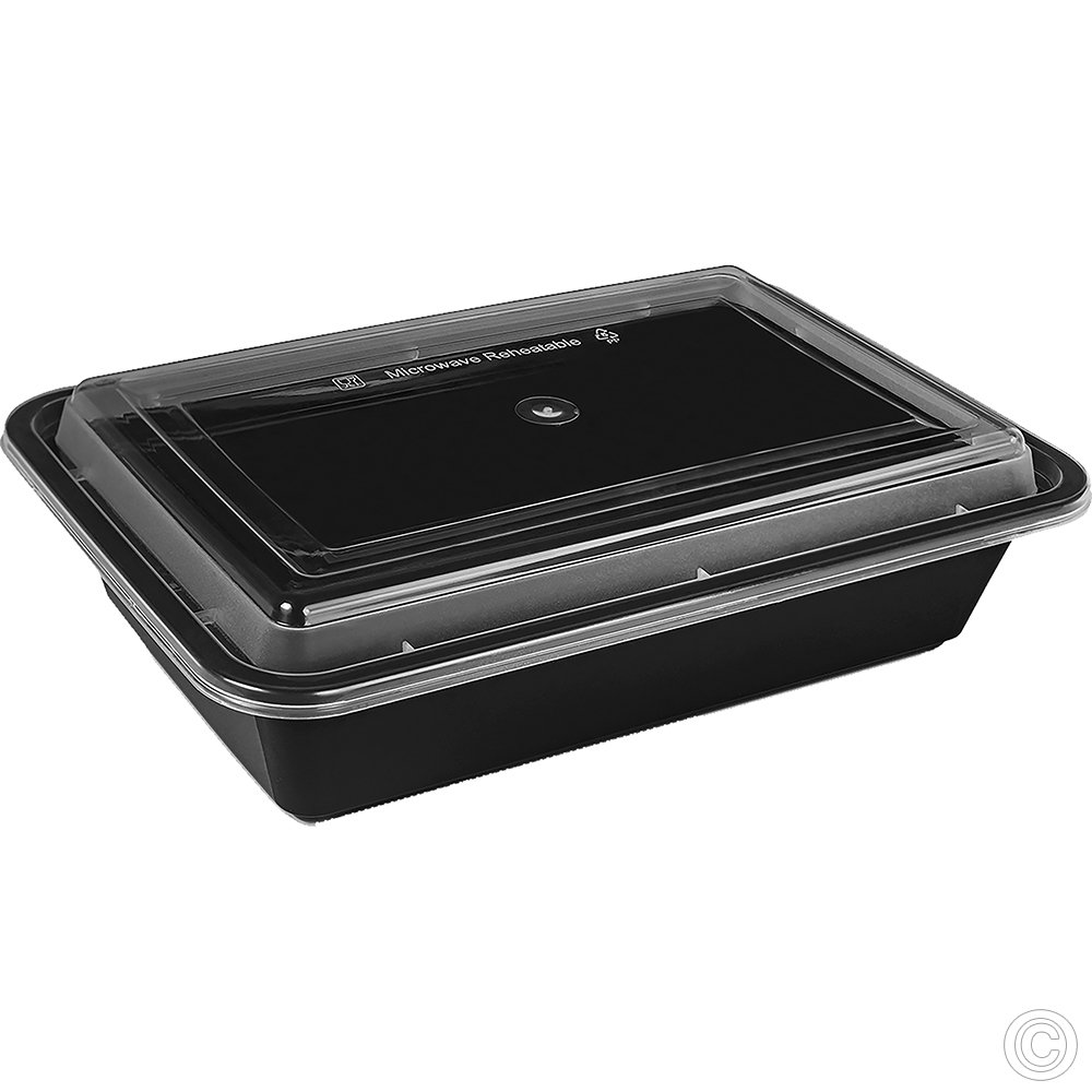 Microwavable Food Takeaway Container and Lids Rectangle Heavy Duty Black Base 700ml 24oz 150 Pack