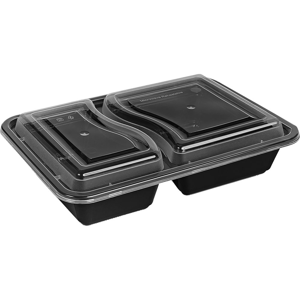 Microwavable 2 Compartment Meal Box With Lids Rectangle Black 900ml 32oz 150 Pack