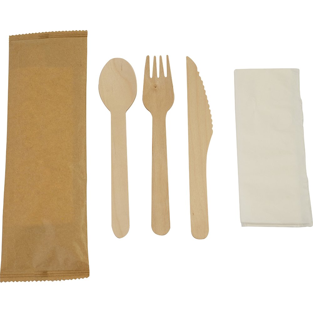 Compostable Wooden Cutlery Kit 4/1 (Fork + Knife + Spoon + 2Ply Napkin) 50 Pack