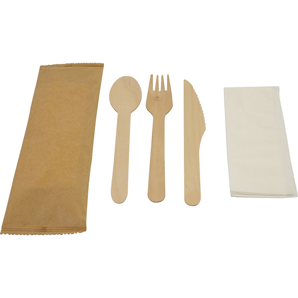 Compostable Wooden Cutlery Kit 4/1 (Fork + Knife + Spoon + 2Ply Napkin) 50 Pack