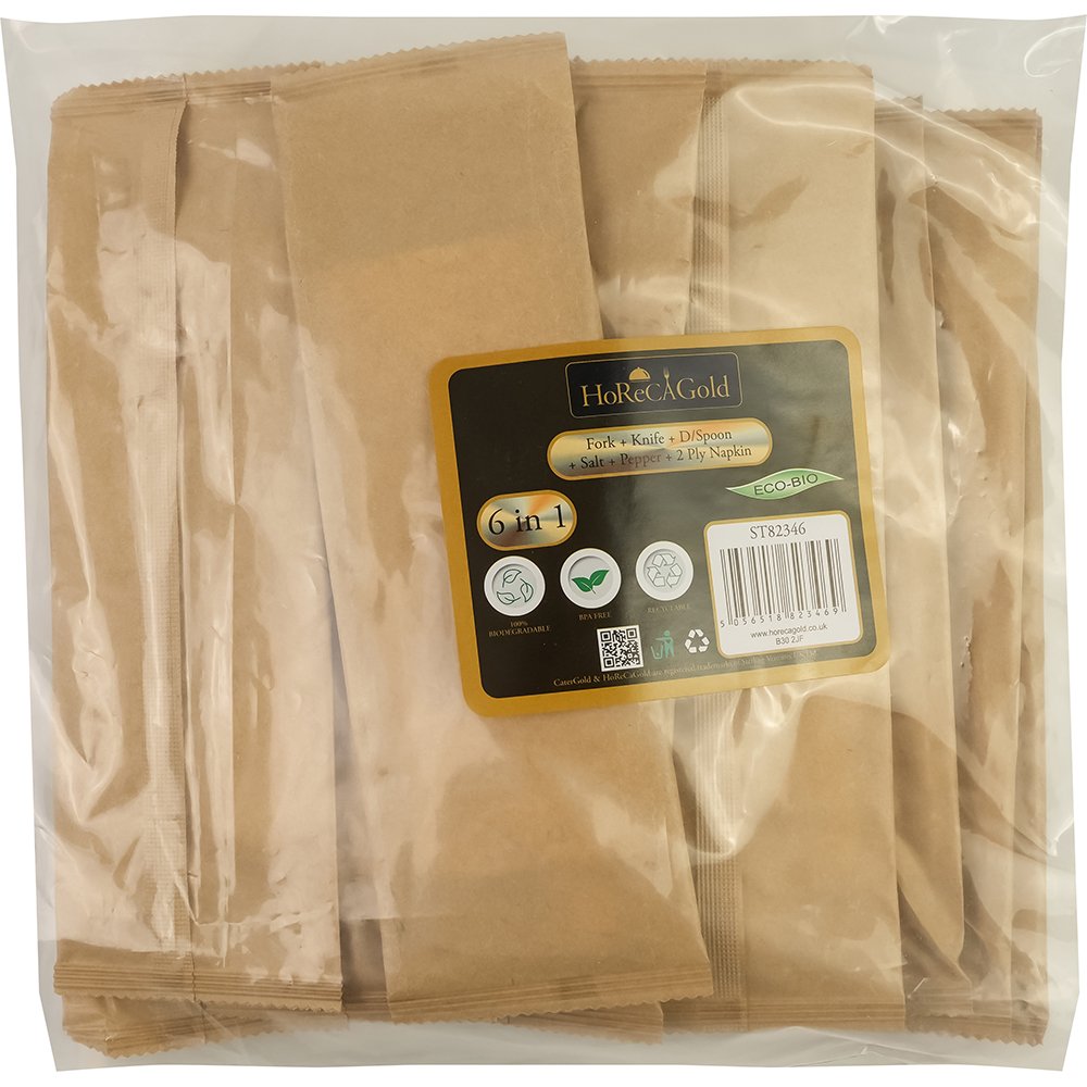 Compostable Wooden Cutlery Kit 6/1 (Fork + Knife + Spoon +Salt & Pepper + 2Ply Napkin) 50 Pack