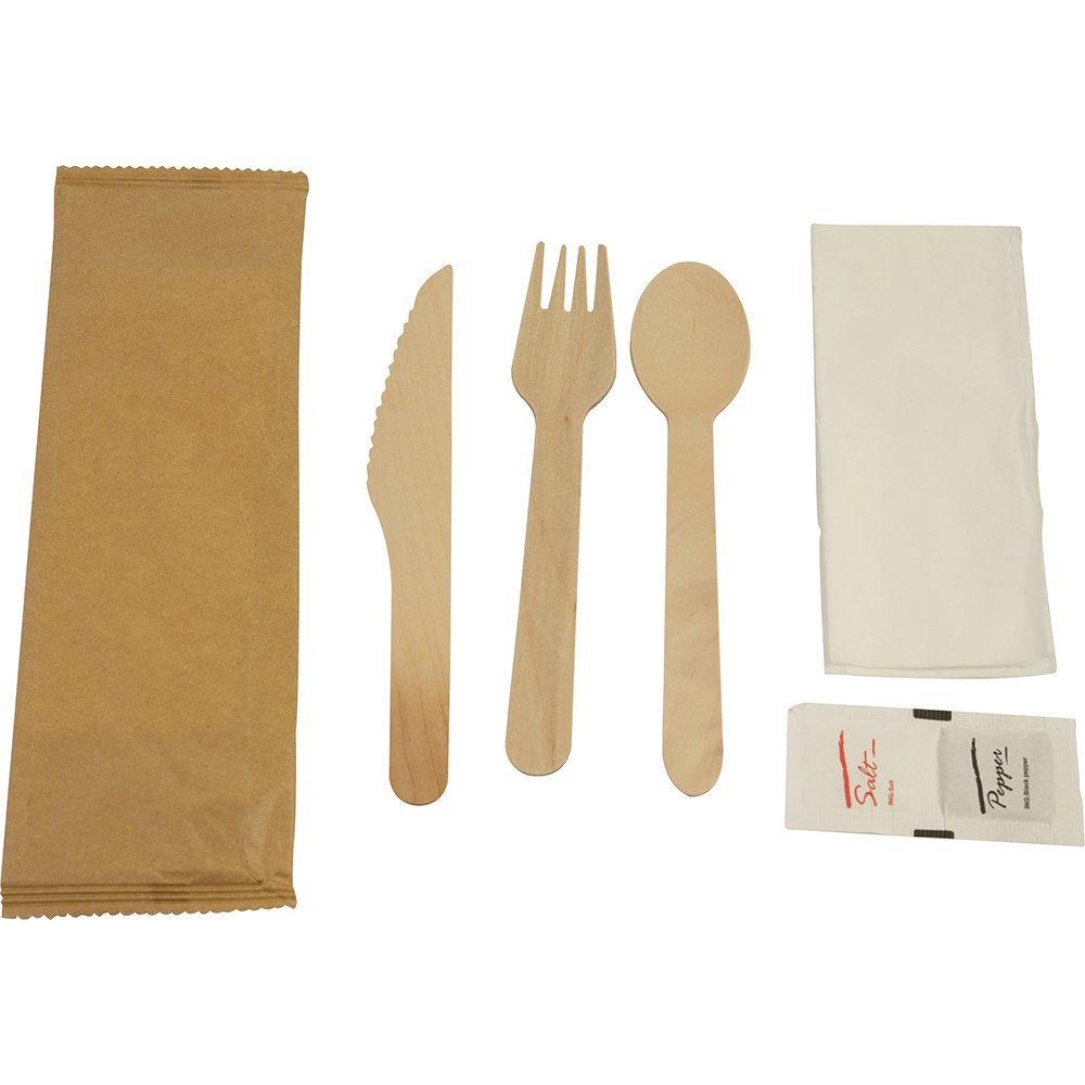 Compostable Wooden Cutlery Kit 6/1 (Fork + Knife + Spoon +Salt & Pepper + 2Ply Napkin) 50 Pack
