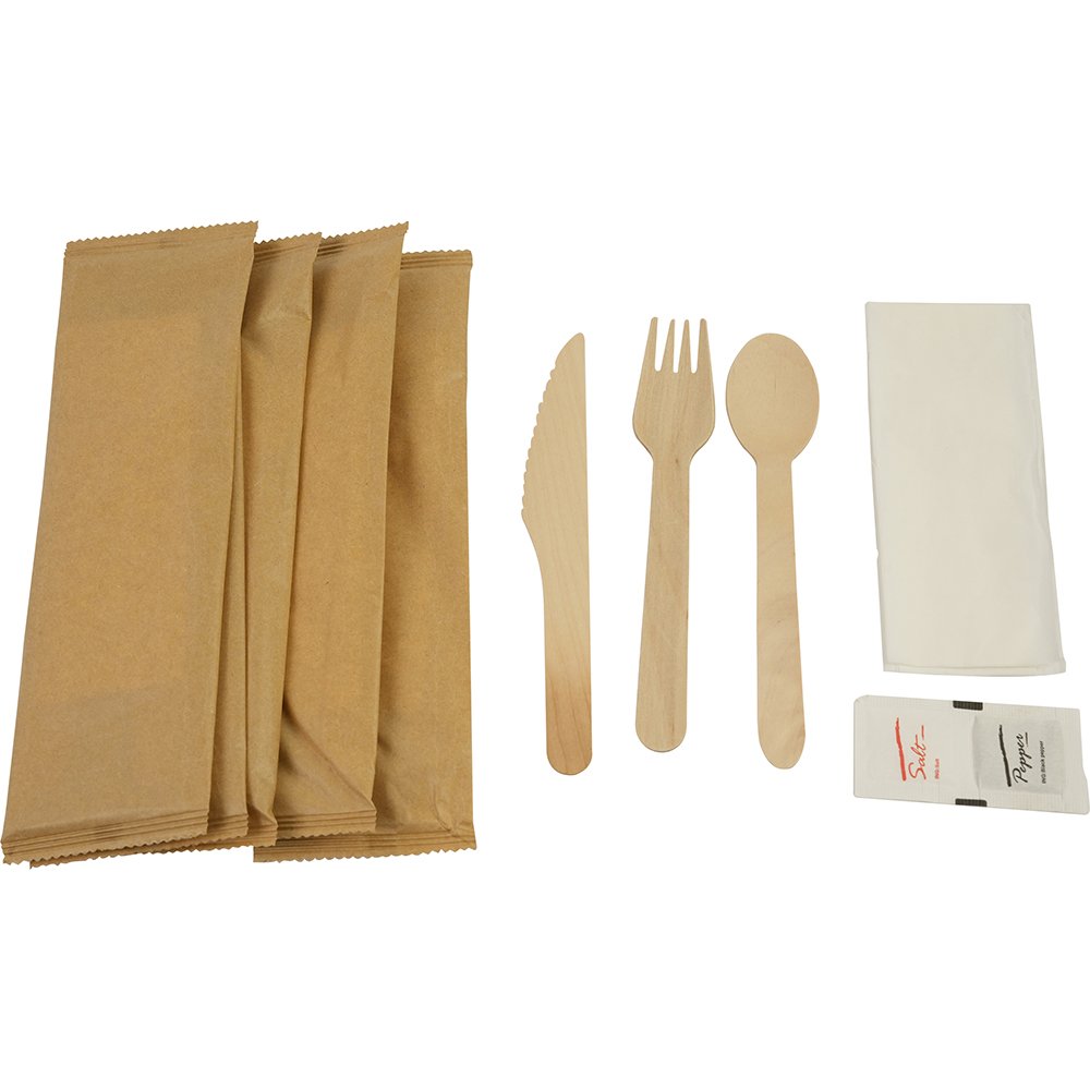 Compostable Wooden Cutlery Kit 6/1 (Fork + Knife + Spoon +Salt & Pepper + 2Ply Napkin) 50 Pack