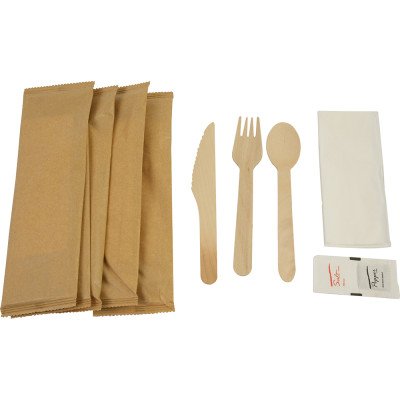 Compostable Wooden Cutlery Kit 6/1 (Fork + Knife + Spoon +Salt & Pepper + 2Ply Napkin) 50 Pack