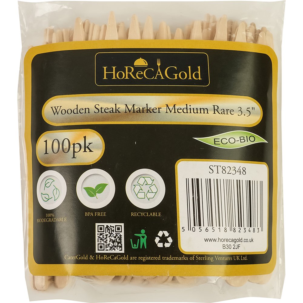 Compostable Wooden Steak Marker 90mm Medium Rare 100 Pack