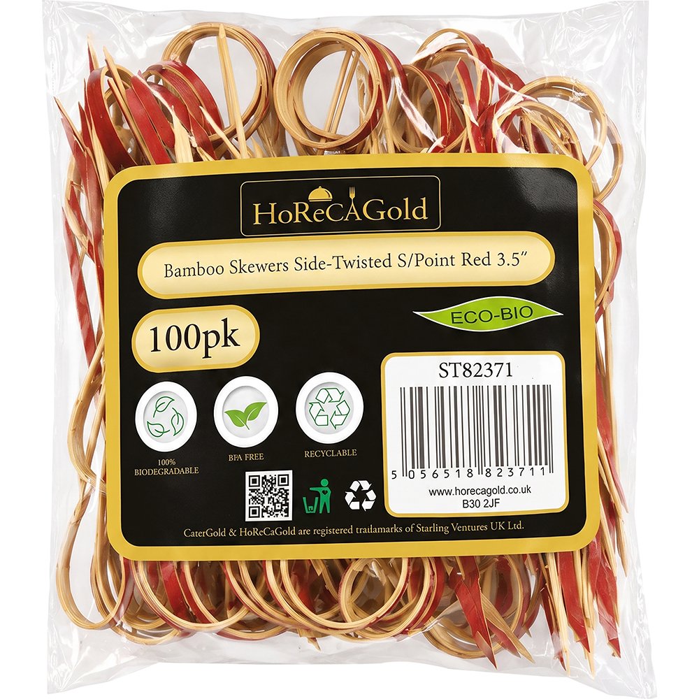 Compostable Bamboo Skewer Side Twisted S/Point Red 90mm 100 Pack