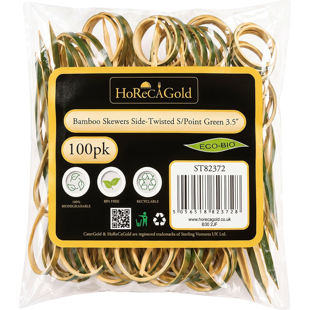 Compostable Bamboo Skewer Side Twisted S/Point Green 90mm 100 Pack
