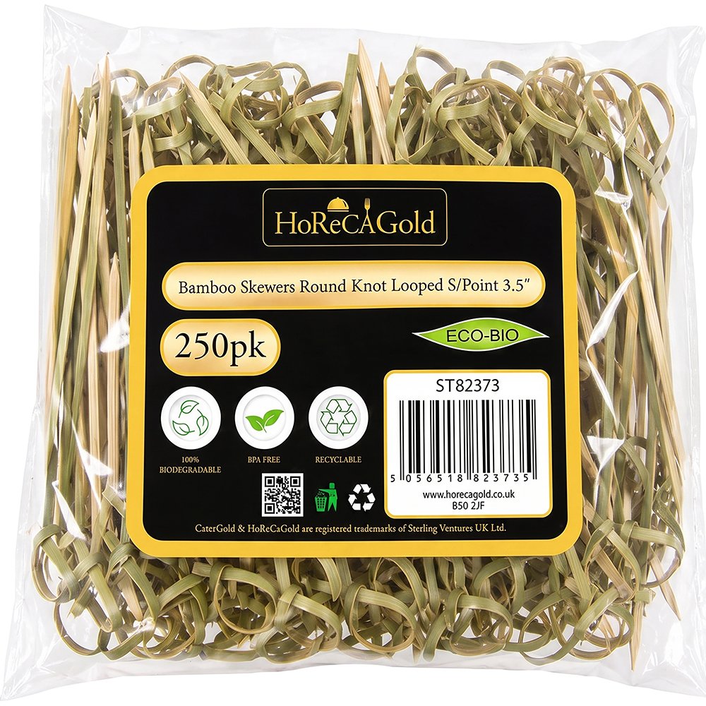 Compostable Bamboo Skewer Round Knot Looped S/Point 90mm 250 Pack