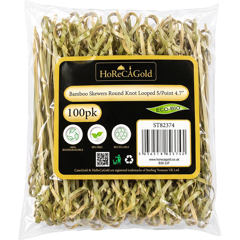 Compostable Bamboo Skewer Round Knot Looped S/Point 120mm 250 Pack