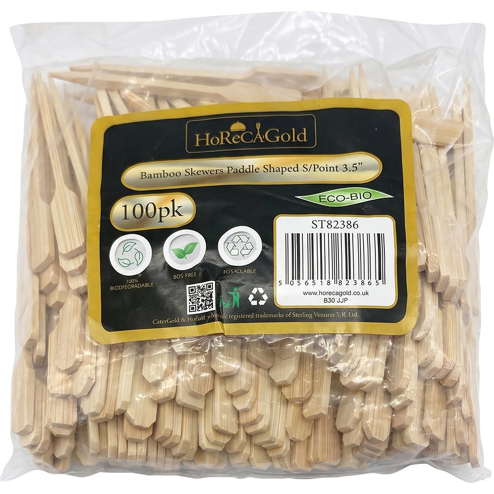 Compostable Bamboo Skewers Paddle Shaped S/Point 90mm 100 Pack