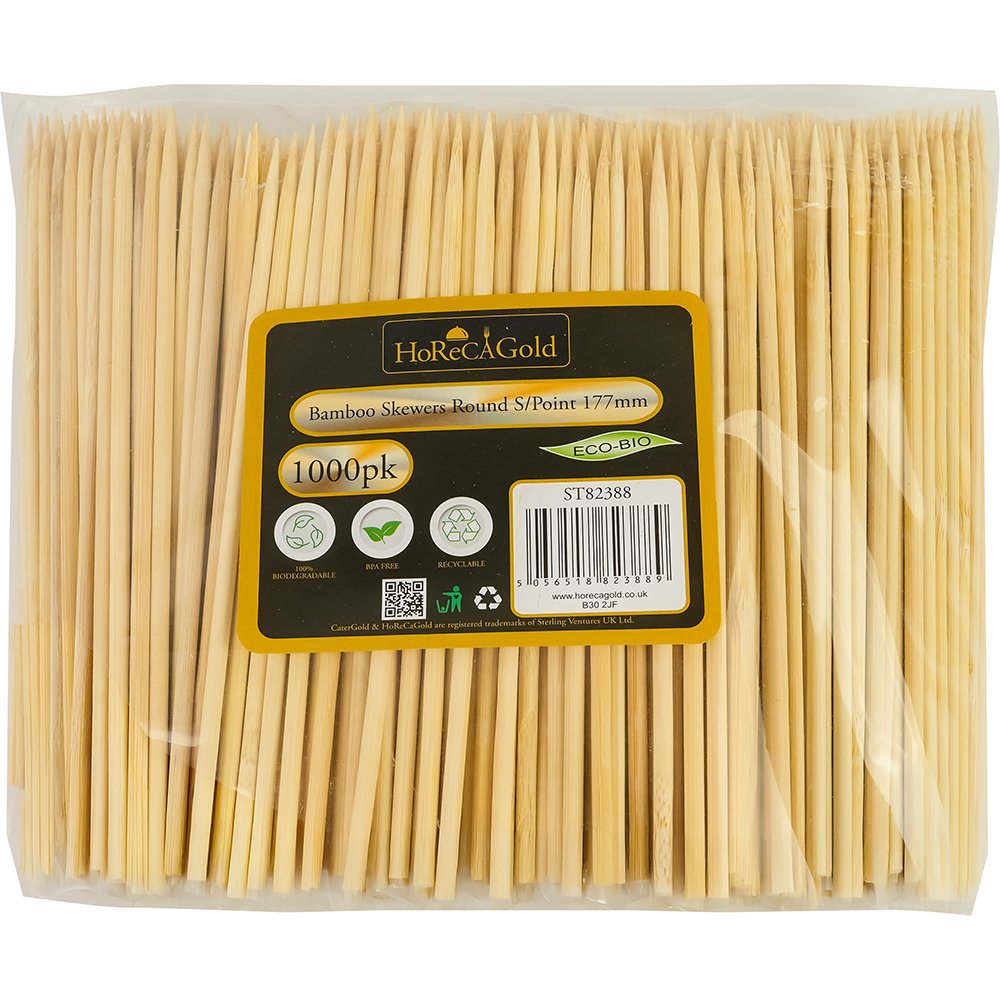 Compostable Bamboo Skewers Round S/Point 177mm 1000 Pack